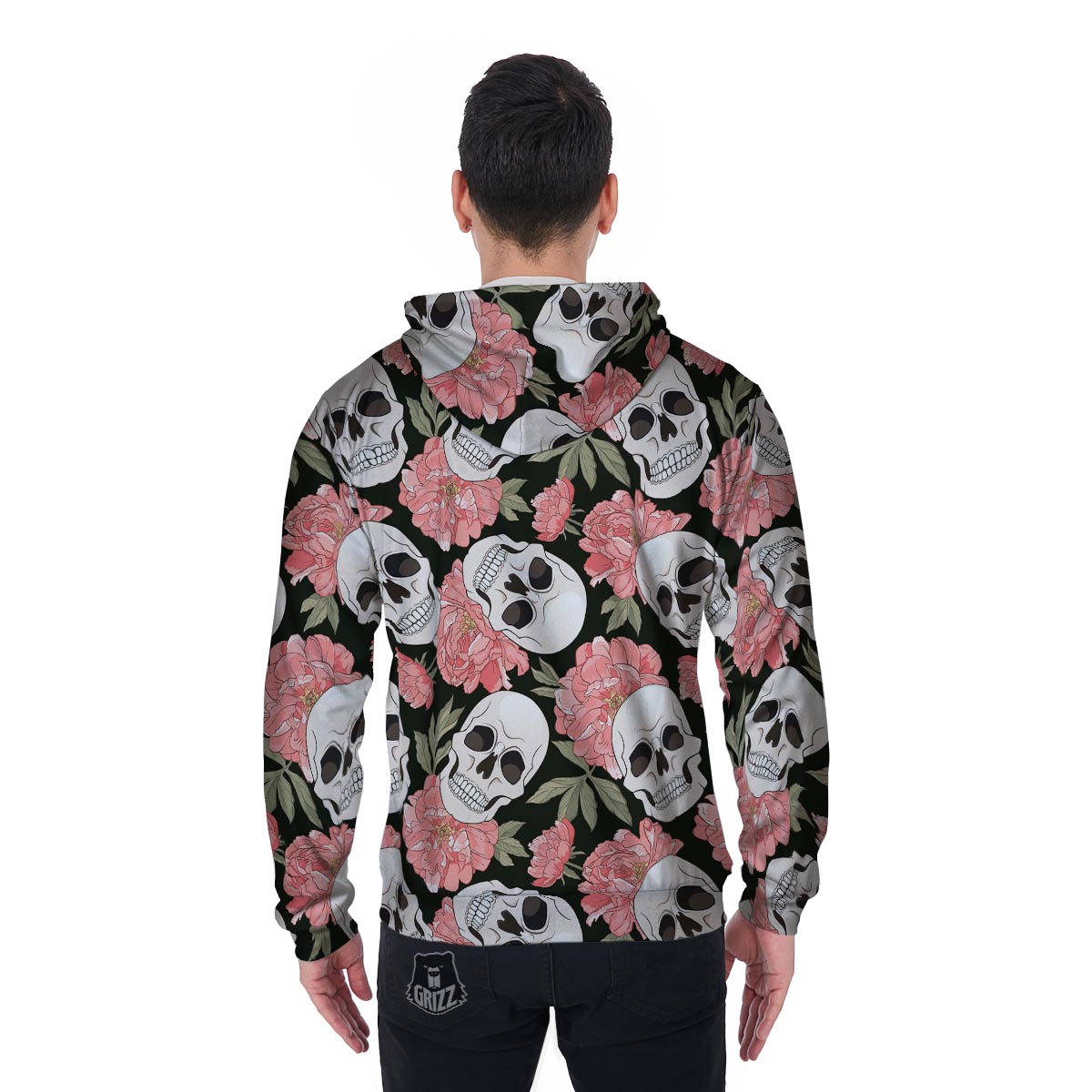 Pink Peony Skull Men's Zip Up Hoodie-grizzshop