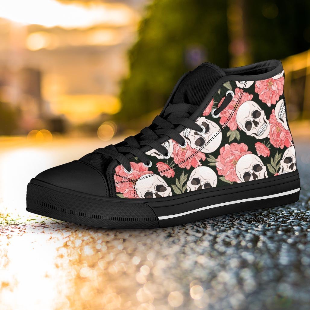 Pink Peony Skull Women's High Top Shoes-grizzshop