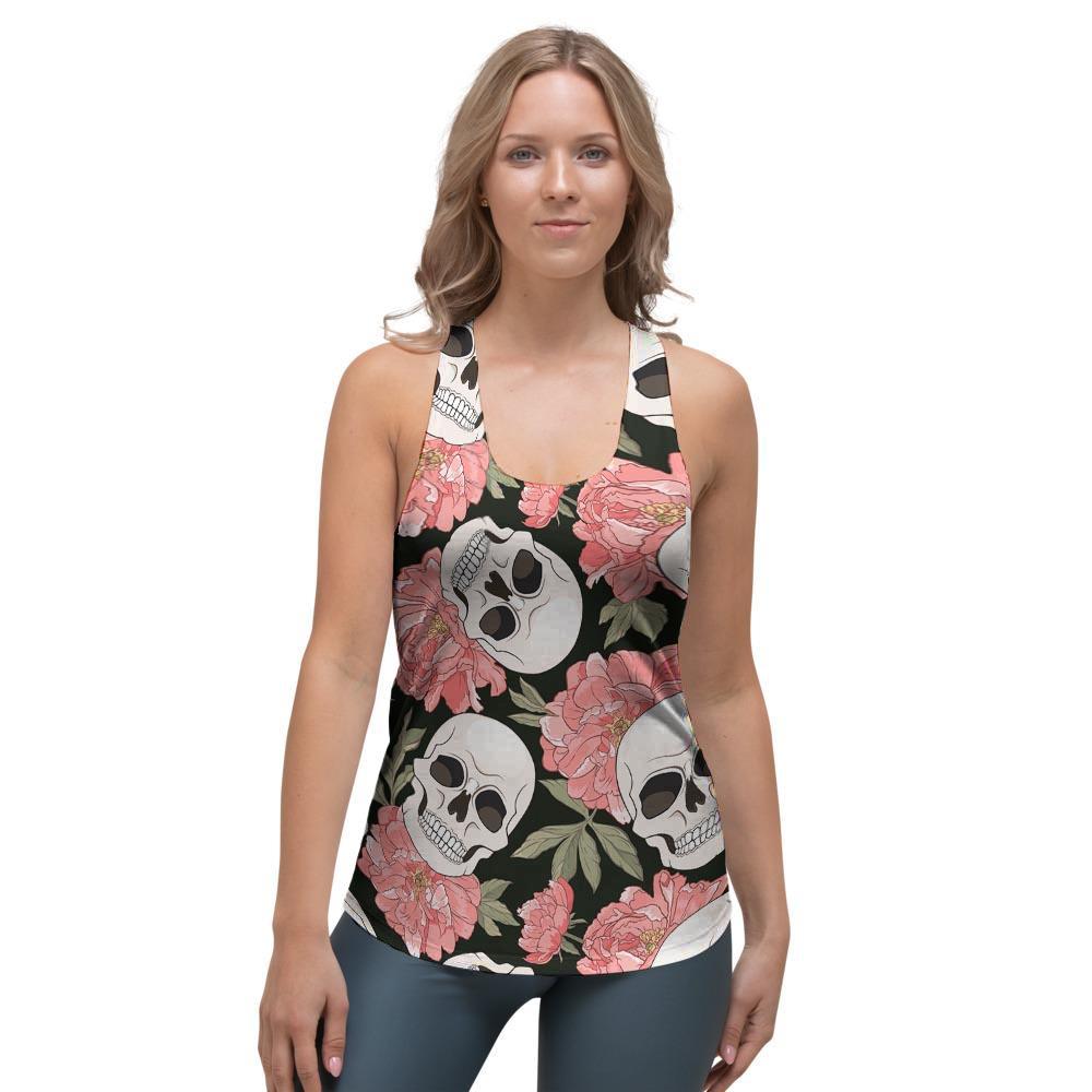 Pink Peony Skull Women's Racerback Tank Top-grizzshop