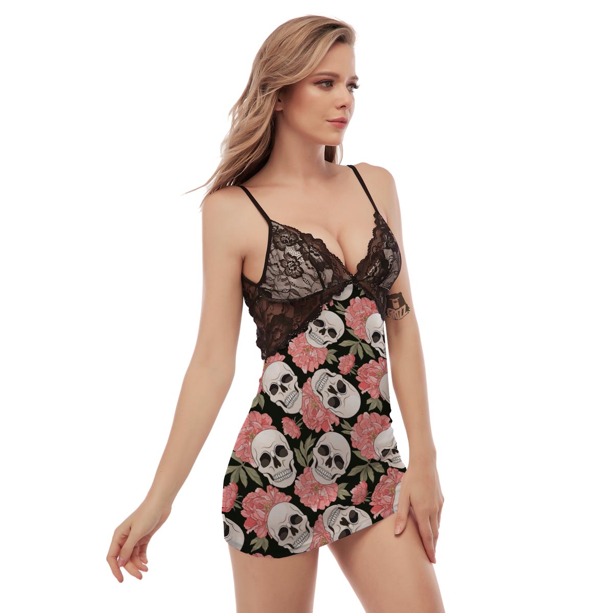 Pink Peony Skull Women's Sexy Night Dress-grizzshop