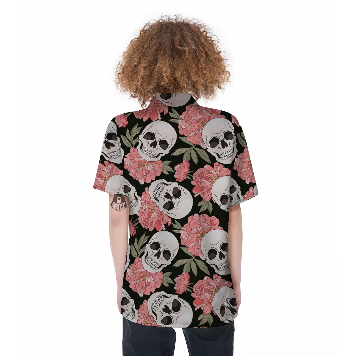 Pink Peony Skull Women's Short Sleeve Shirts-grizzshop