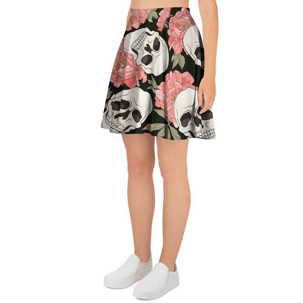 Pink Peony Skull Women's Skirt-grizzshop