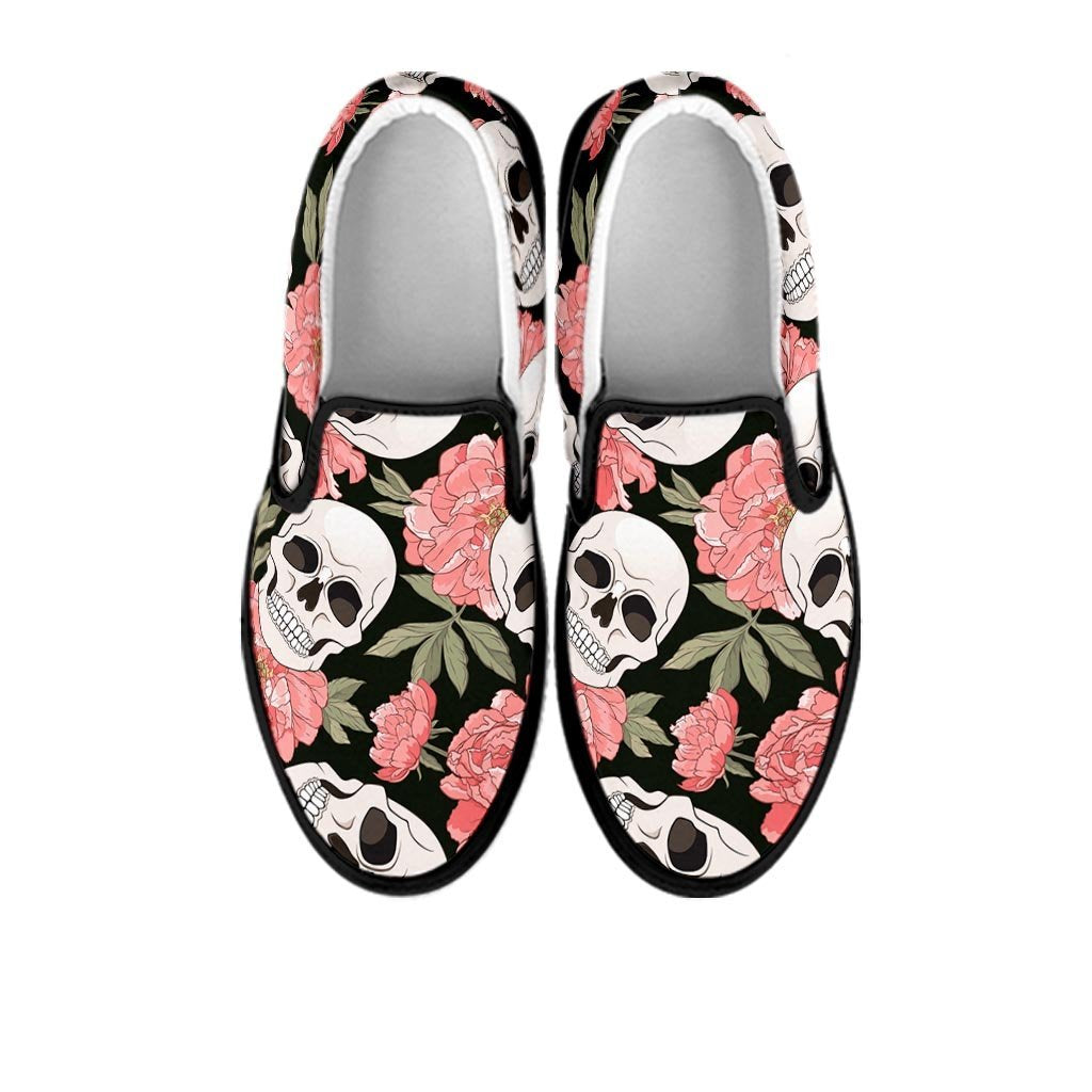 Pink Peony Skull Women's Slip On Sneakers-grizzshop