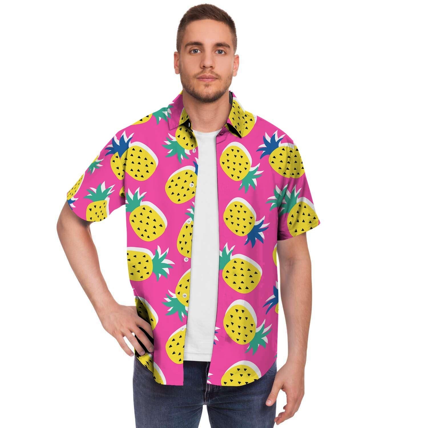 Pink Pineapple Print Men's Short Sleeve Shirt-grizzshop