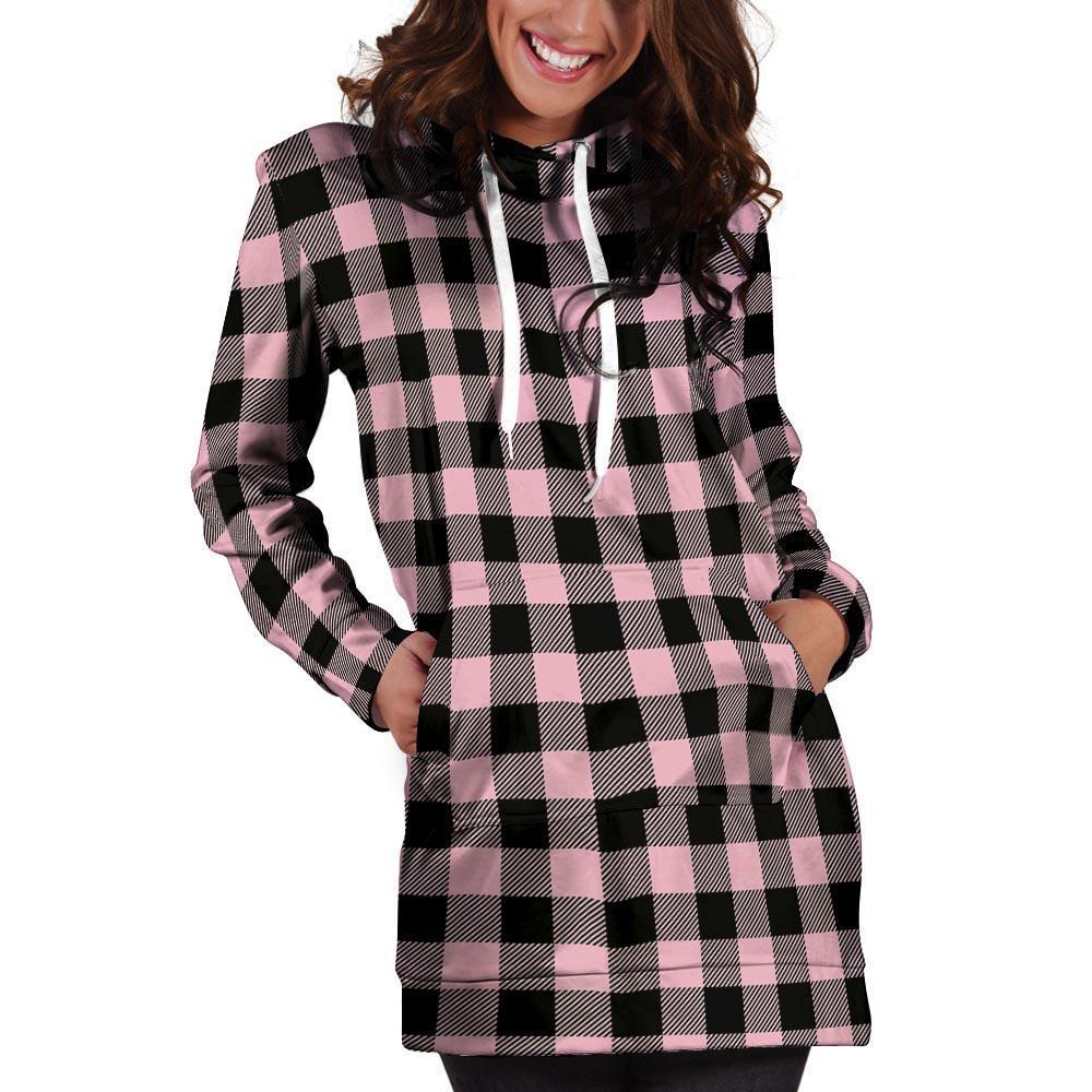 Pink Plaid Hoodie Dress-grizzshop