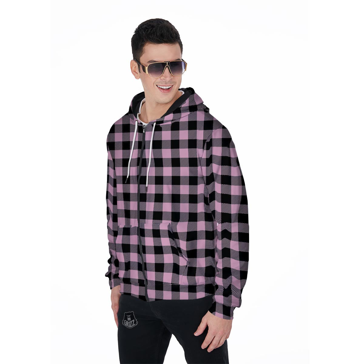 Pink Plaid Men's Zip Up Hoodie-grizzshop