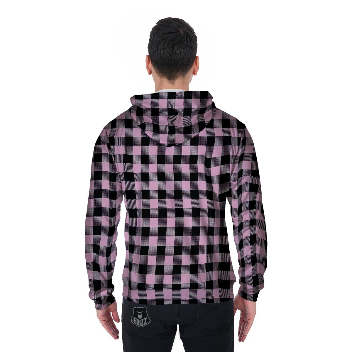 Pink Plaid Men's Zip Up Hoodie-grizzshop