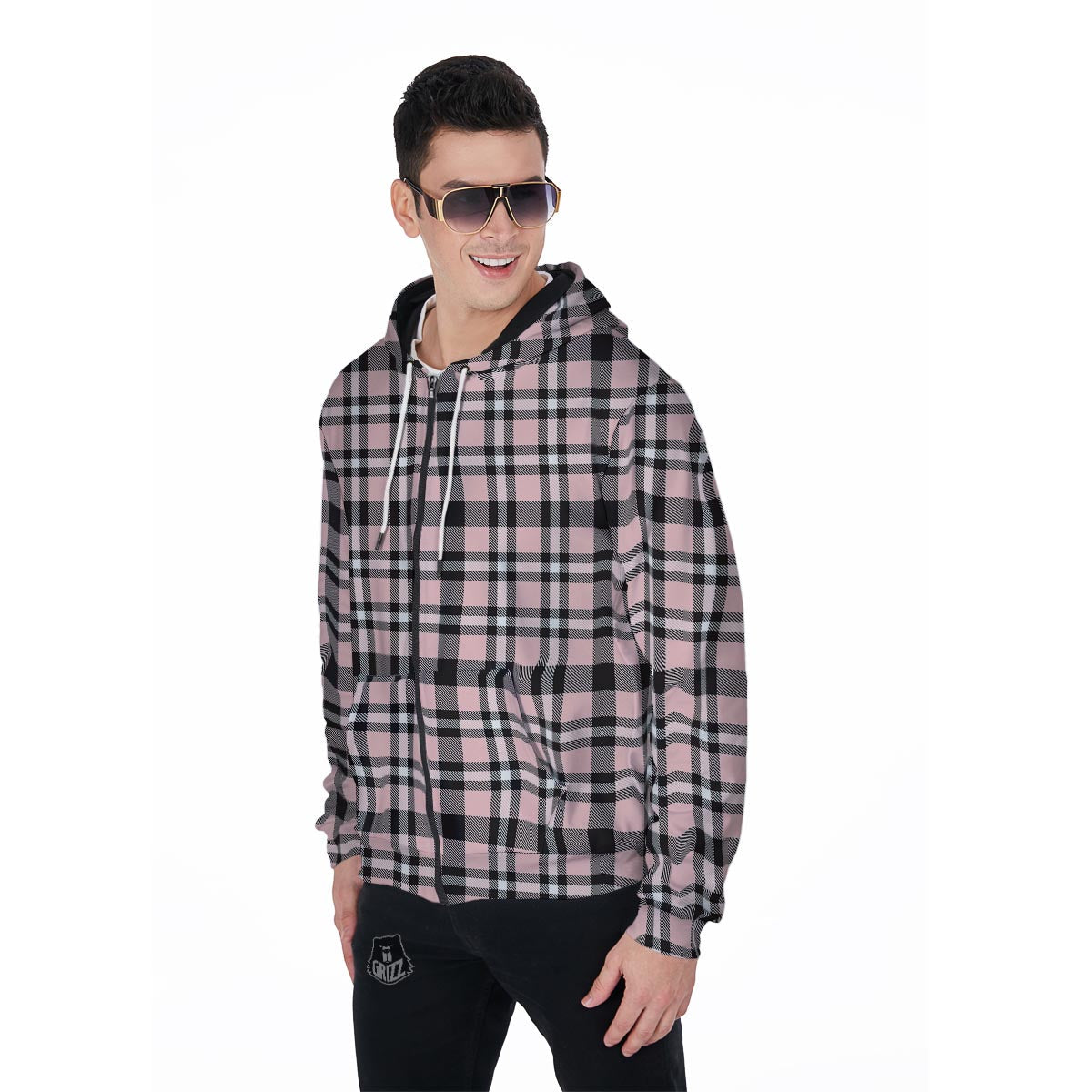 Pink Plaid Tartan Men's Zip Up Hoodie-grizzshop
