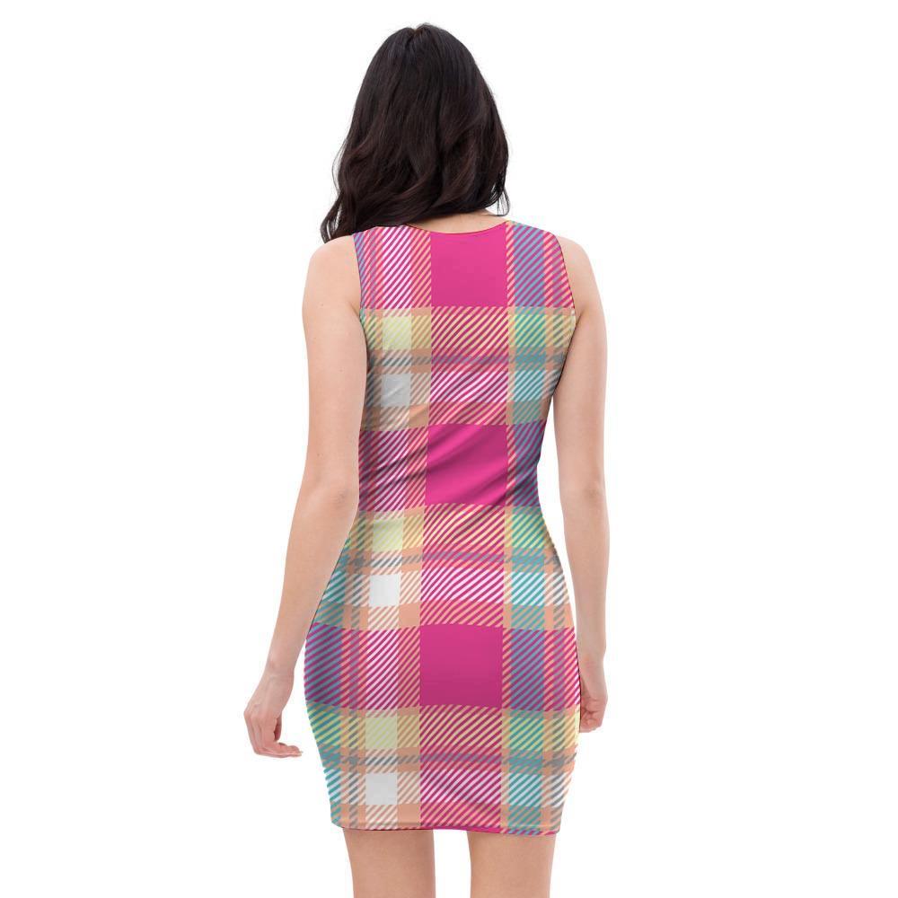 Pink Plaid Tartan Print Bodycon Dress-grizzshop