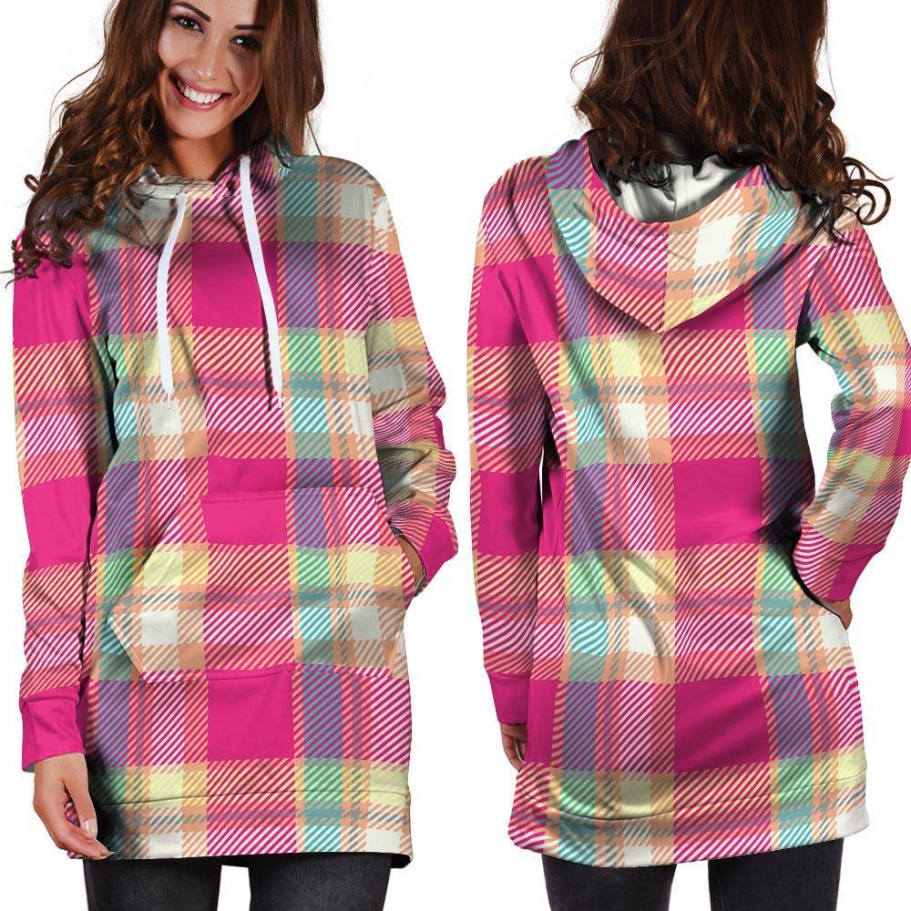 Pink Plaid Tartan Print Hoodie Dress-grizzshop