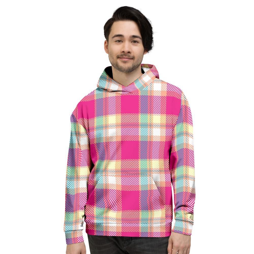 Pink Plaid Tartan Print Men's Hoodie-grizzshop