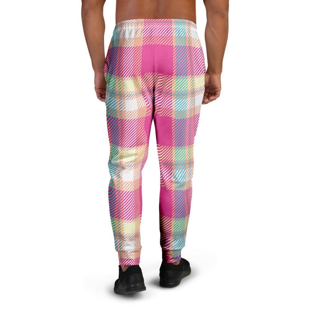 Pink Plaid Tartan Print Men's Joggers-grizzshop