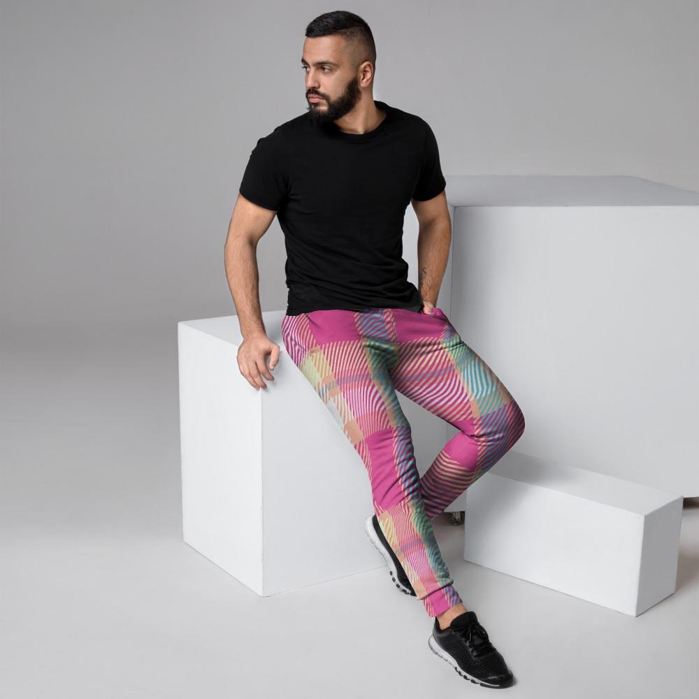 Pink Plaid Tartan Print Men's Joggers-grizzshop
