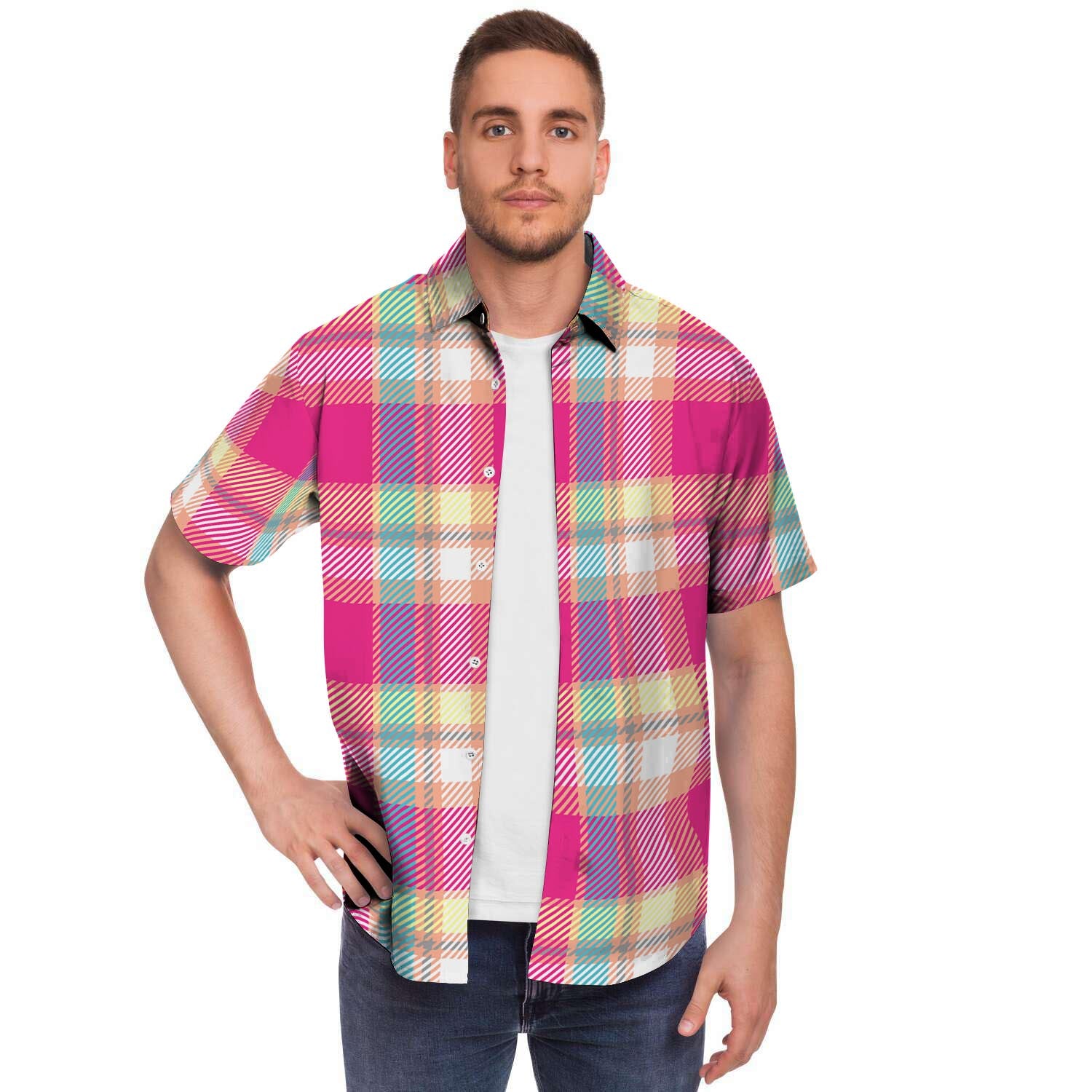 Pink Plaid Tartan Print Men's Short Sleeve Shirt-grizzshop