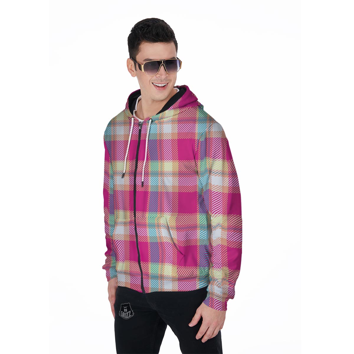 Pink Plaid Tartan Print Men's Zip Up Hoodie-grizzshop