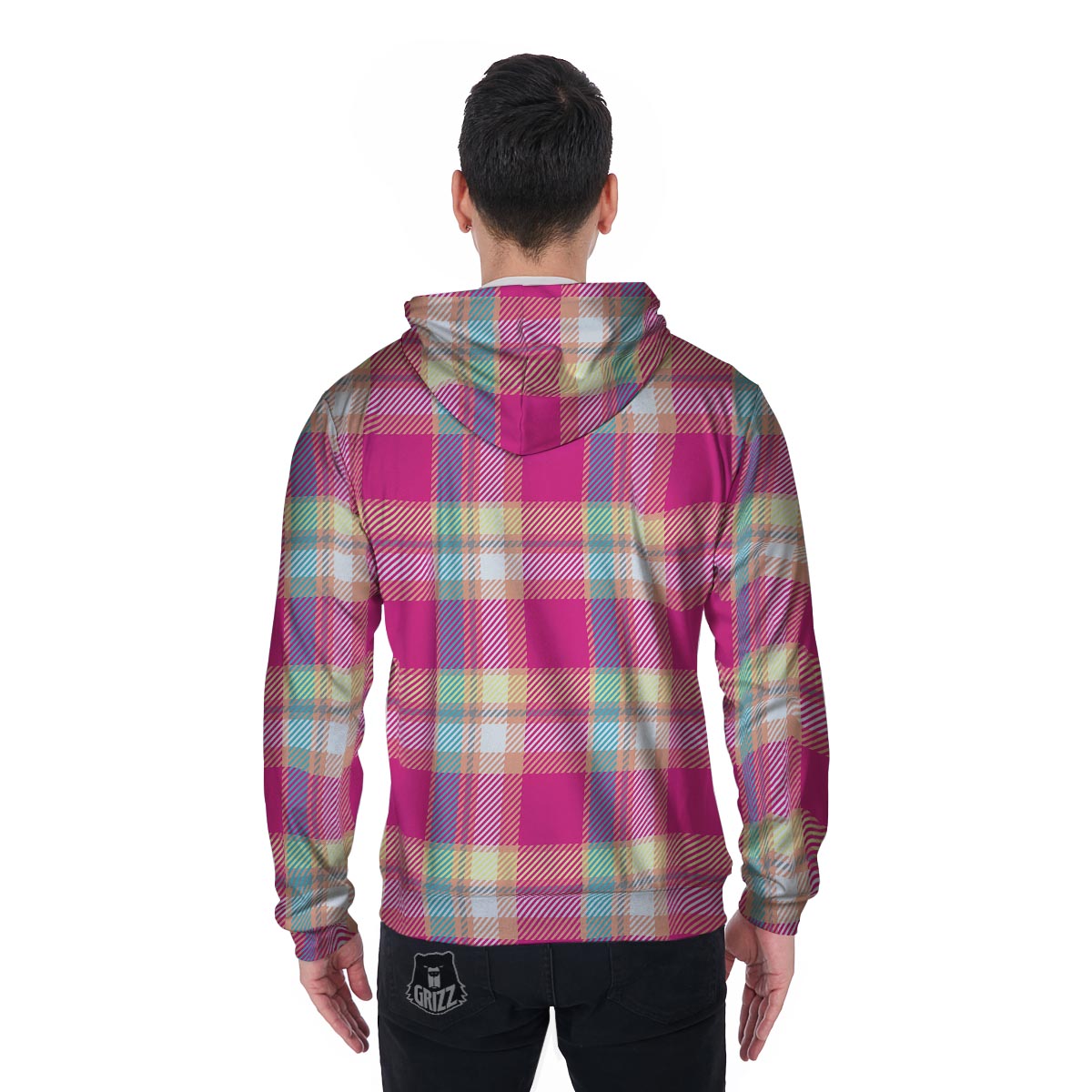 Pink Plaid Tartan Print Men's Zip Up Hoodie-grizzshop