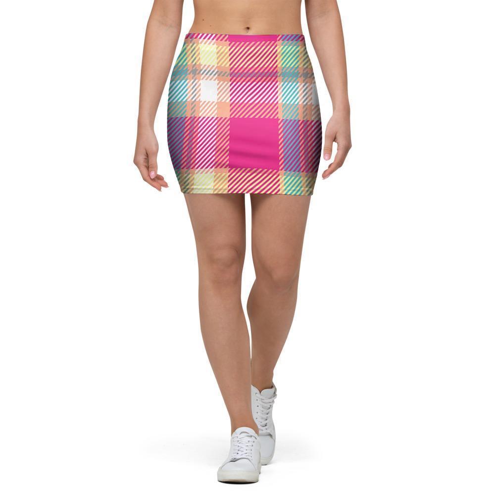 Pink Plaid Tartan Print Mini Skirt-grizzshop