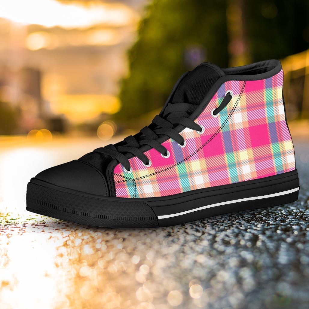 Pink Plaid Tartan Print Women's High Top Shoes-grizzshop