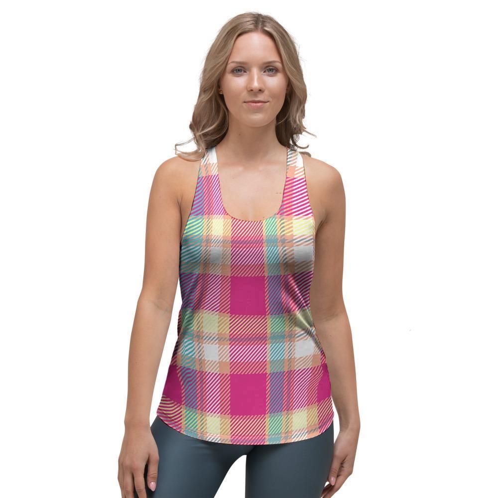 Pink Plaid Tartan Print Women's Racerback Tank Top-grizzshop