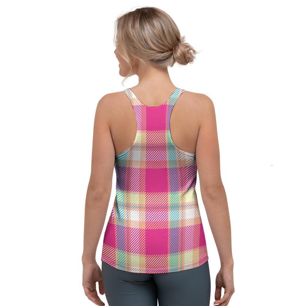Pink Plaid Tartan Print Women's Racerback Tank Top-grizzshop