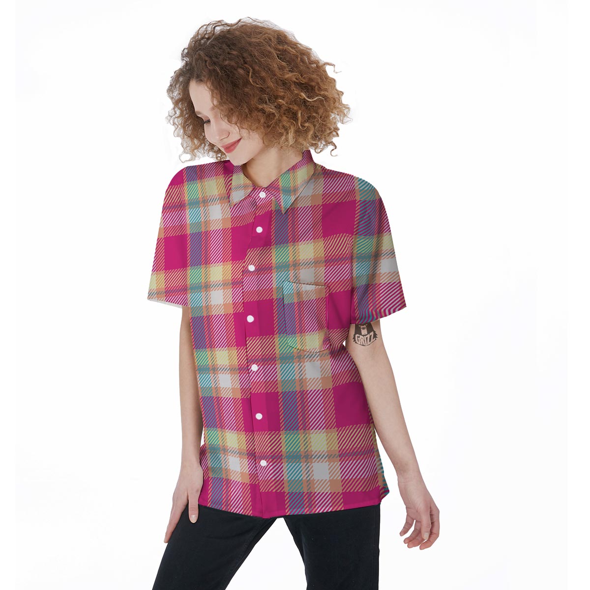 Pink Plaid Tartan Print Women's Short Sleeve Shirts-grizzshop