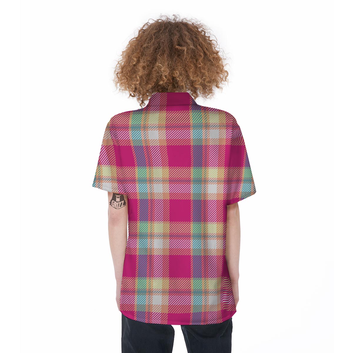 Pink Plaid Tartan Print Women's Short Sleeve Shirts-grizzshop