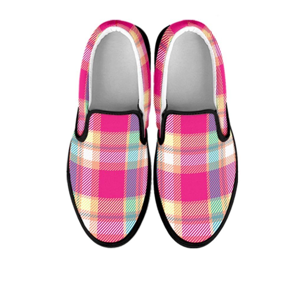 Pink Plaid Tartan Print Women's Slip On Sneakers-grizzshop