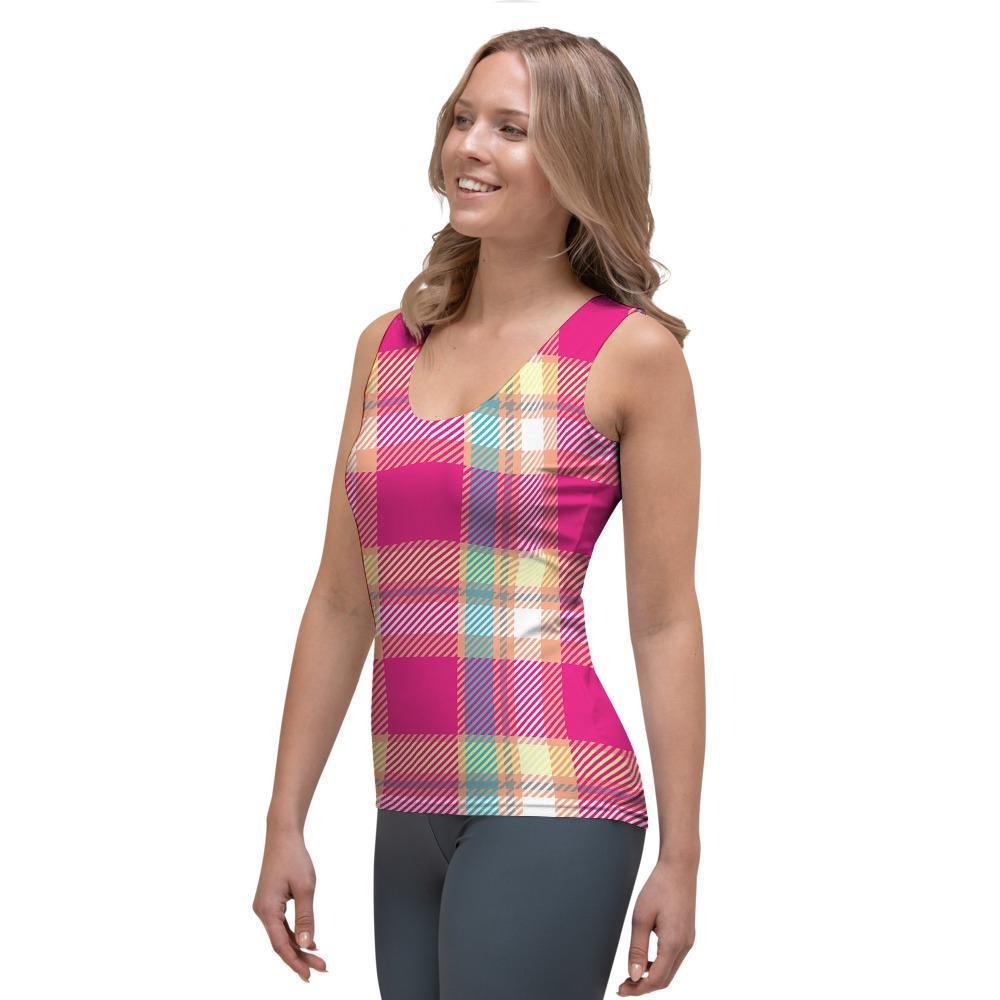 Pink Plaid Tartan Print Women's Tank Top-grizzshop