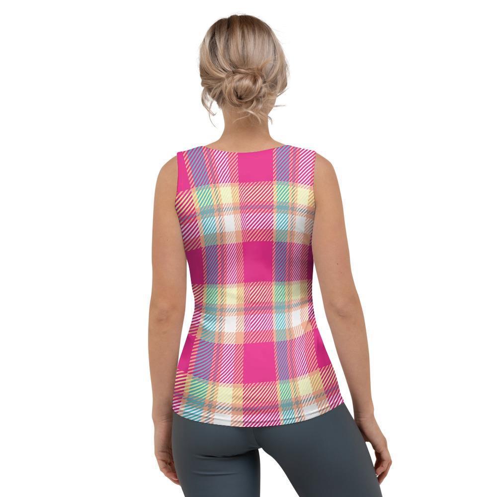 Pink Plaid Tartan Print Women's Tank Top-grizzshop