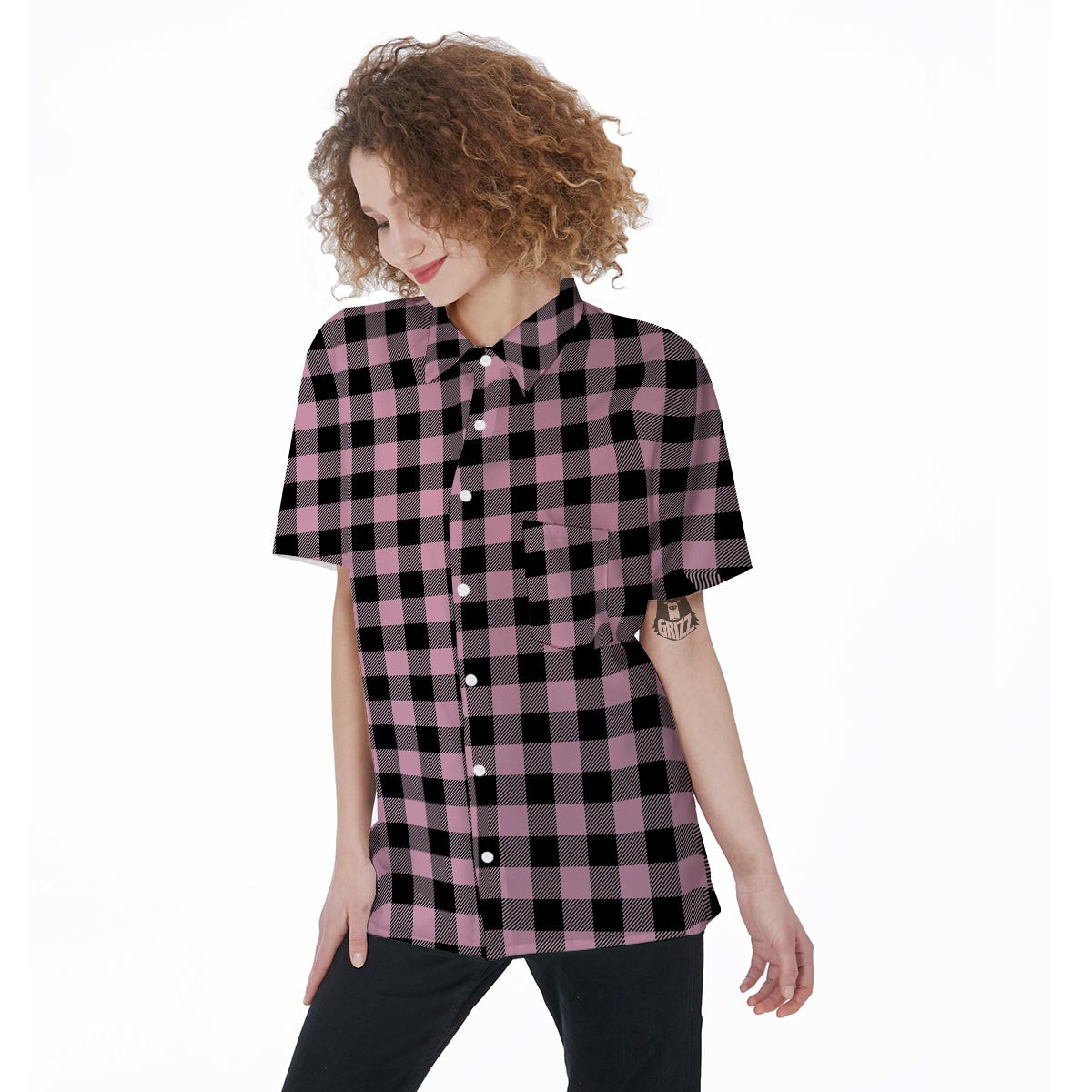 Pink Plaid Women's Short Sleeve Shirts-grizzshop