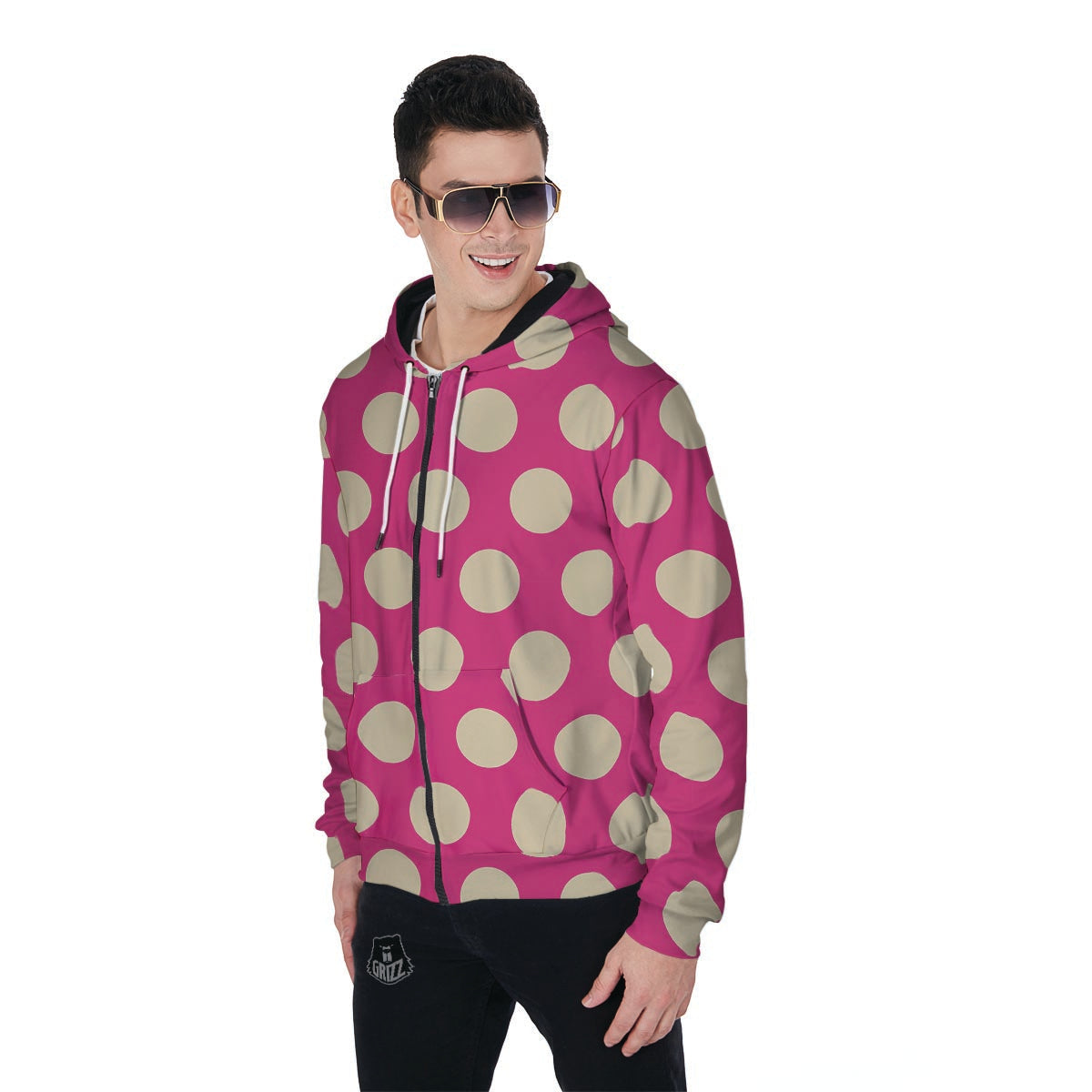 Pink Polka Dot Men's Zip Up Hoodie-grizzshop