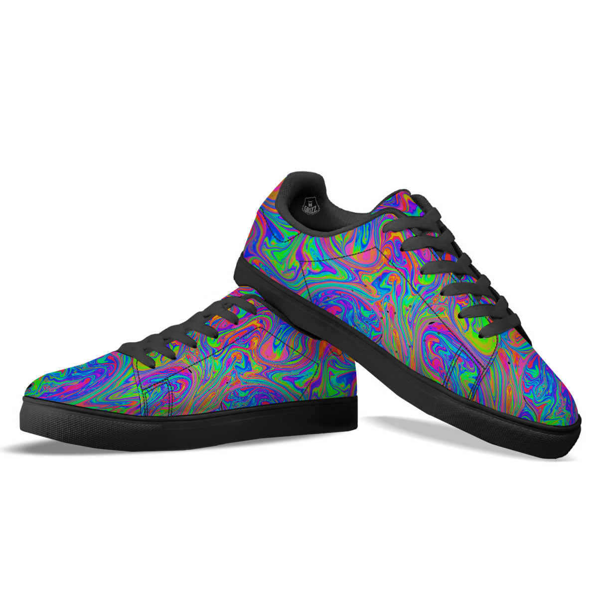 Pink Psychedelic Trippy Neon Green Print Black Low Top Sneakers-grizzshop