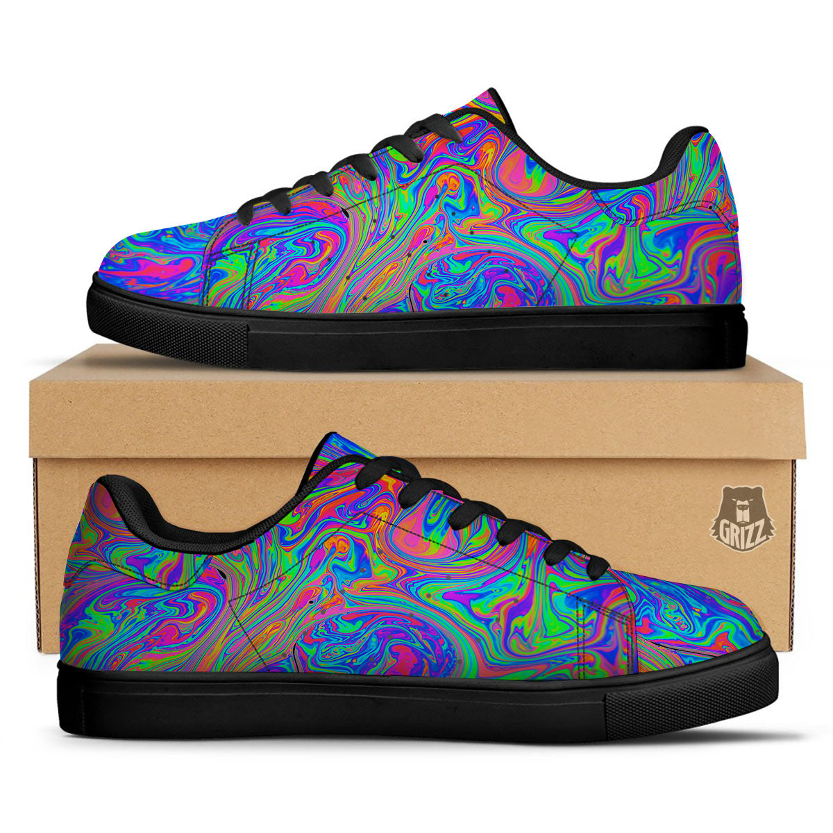 Pink Psychedelic Trippy Neon Green Print Black Low Top Sneakers-grizzshop