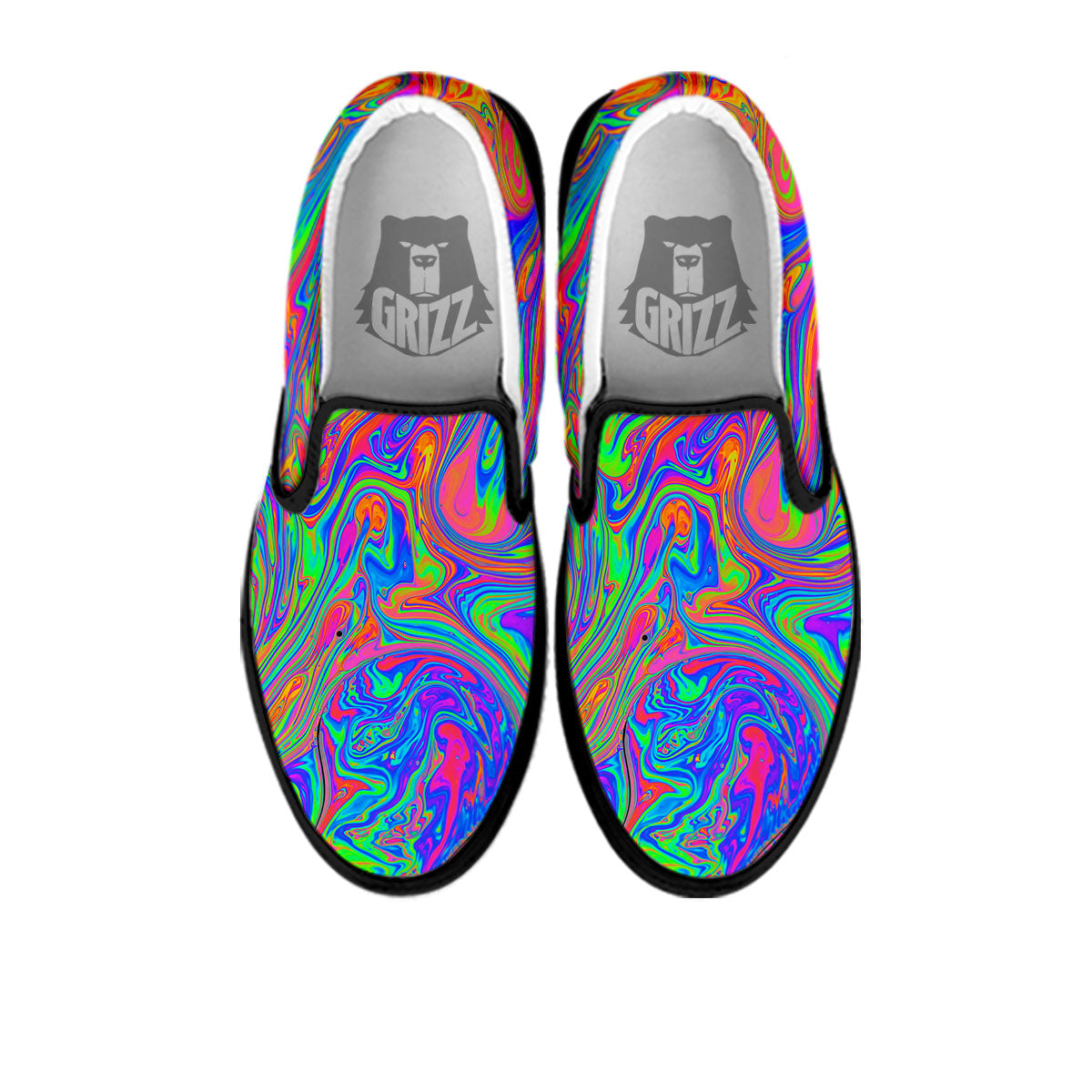 Pink Psychedelic Trippy Neon Green Print Black Slip On Shoes-grizzshop