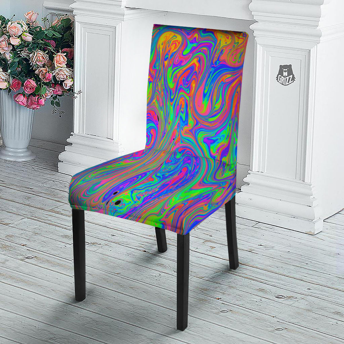 Pink Psychedelic Trippy Neon Green Print Dining Chair Slipcover-grizzshop