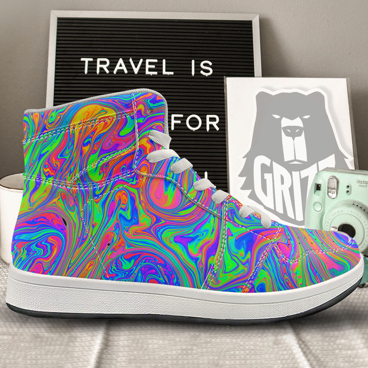 Pink Psychedelic Trippy Neon Green Print High Top Sneakers-grizzshop