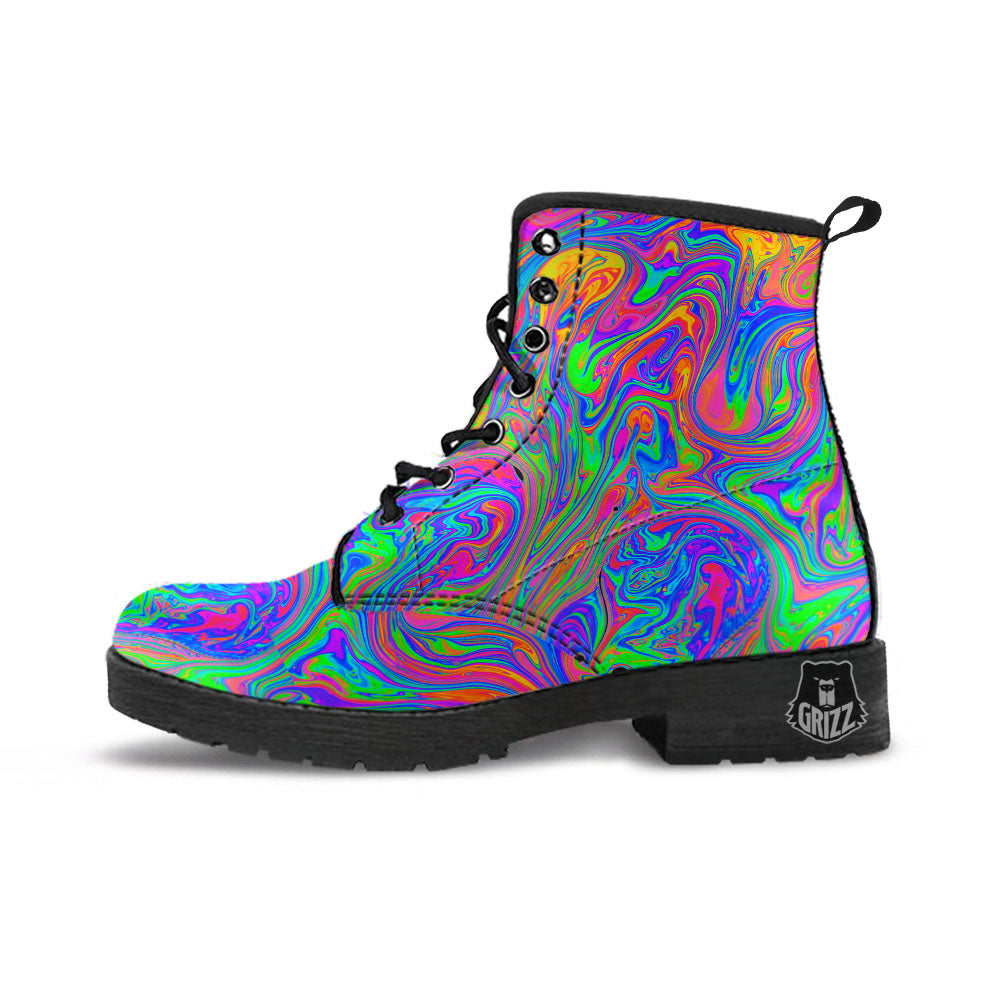 Pink Psychedelic Trippy Neon Green Print Leather Boots-grizzshop