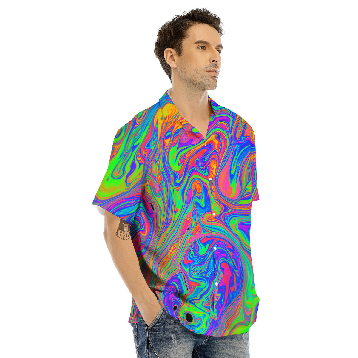 Pink Psychedelic Trippy Neon Green Print Men's Hawaiian Shirt-grizzshop