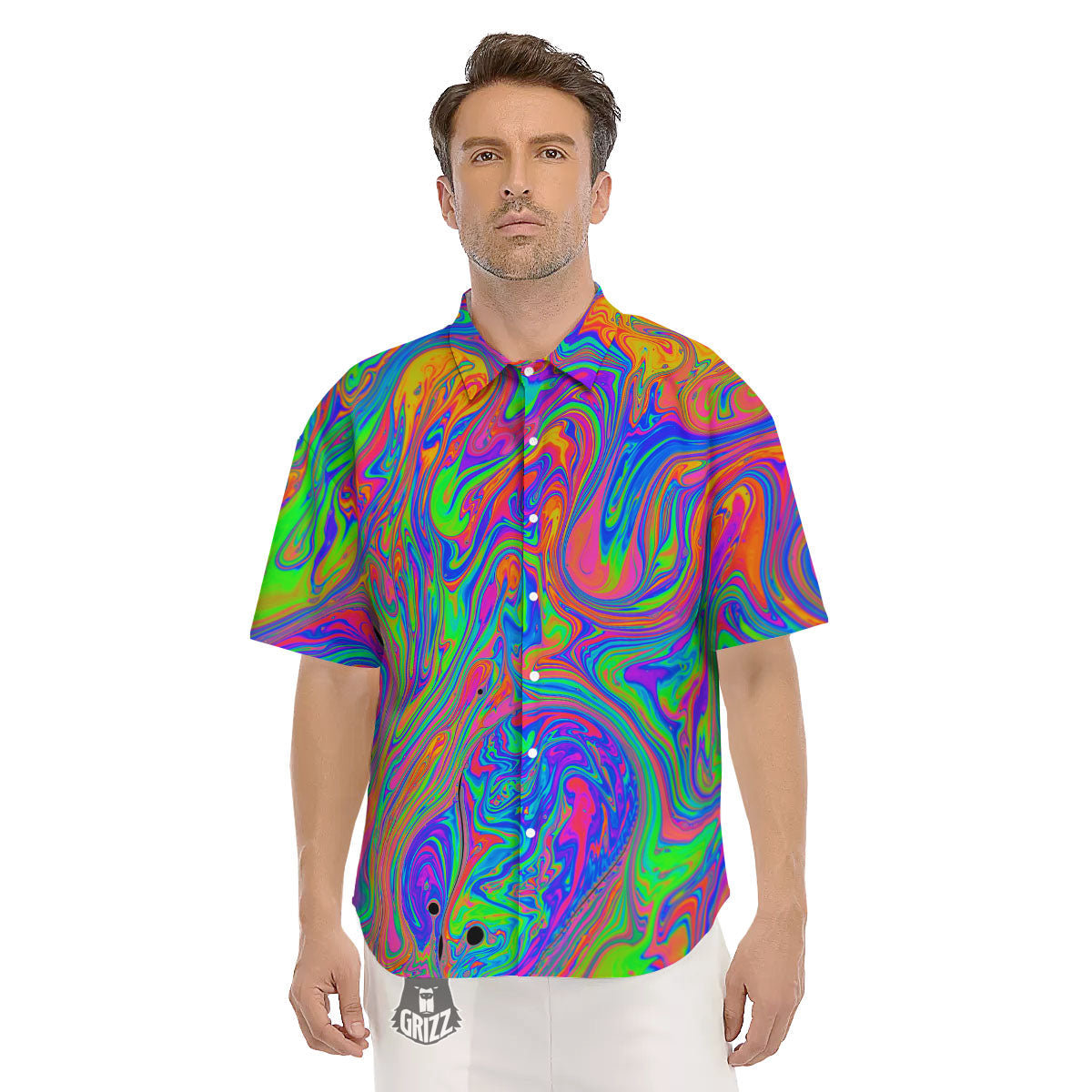 Pink Psychedelic Trippy Neon Green Print Men's Short Sleeve Shirts-grizzshop