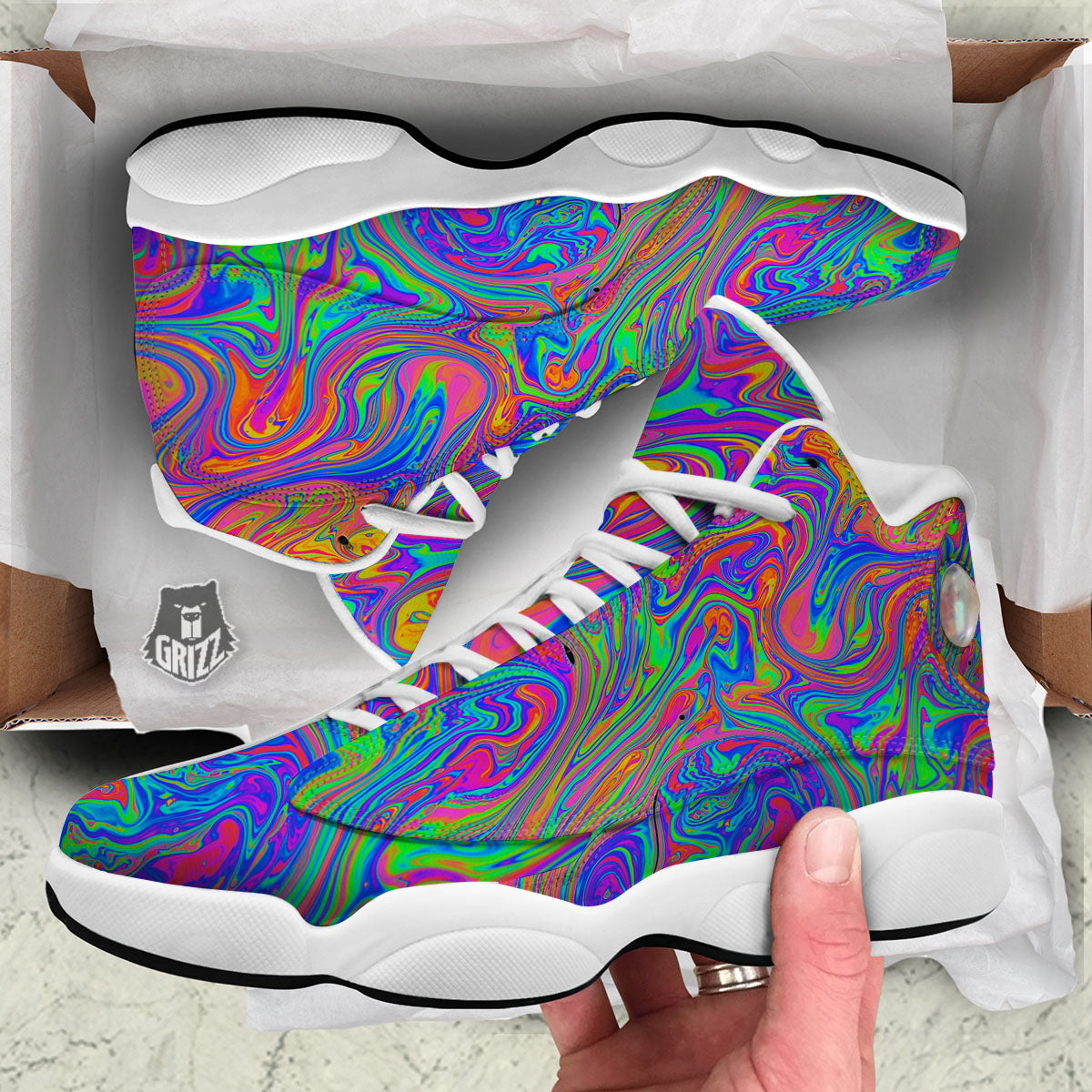 Pink Psychedelic Trippy Neon Green Print White Basketball Shoes-grizzshop