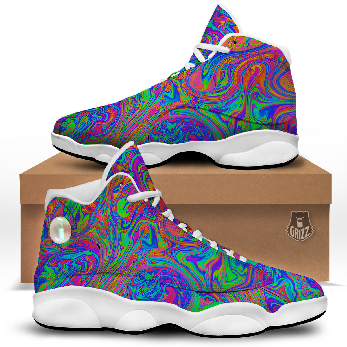 Pink Psychedelic Trippy Neon Green Print White Basketball Shoes-grizzshop