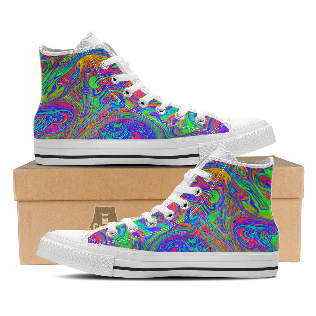 Pink Psychedelic Trippy Neon Green Print White High Top Shoes-grizzshop