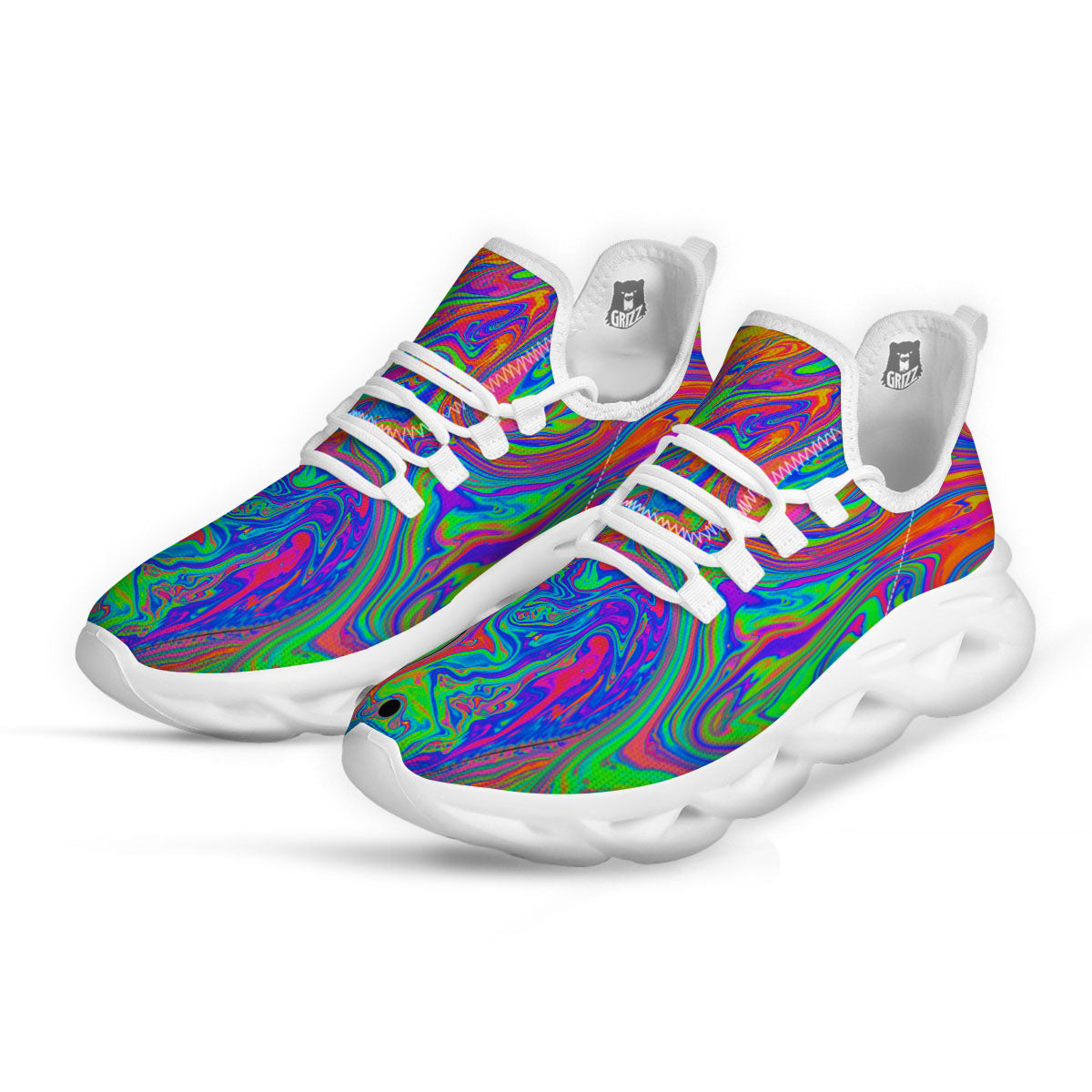 Pink Psychedelic Trippy Neon Green Print White Running Shoes-grizzshop