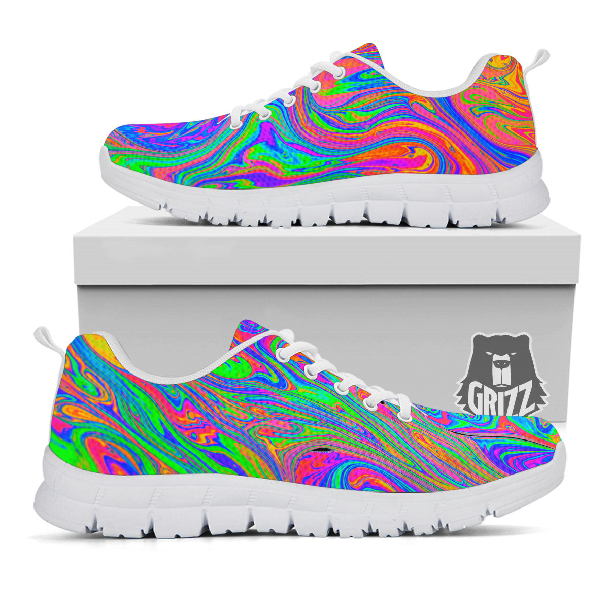 Pink Psychedelic Trippy Neon Green Print White Sneaker-grizzshop