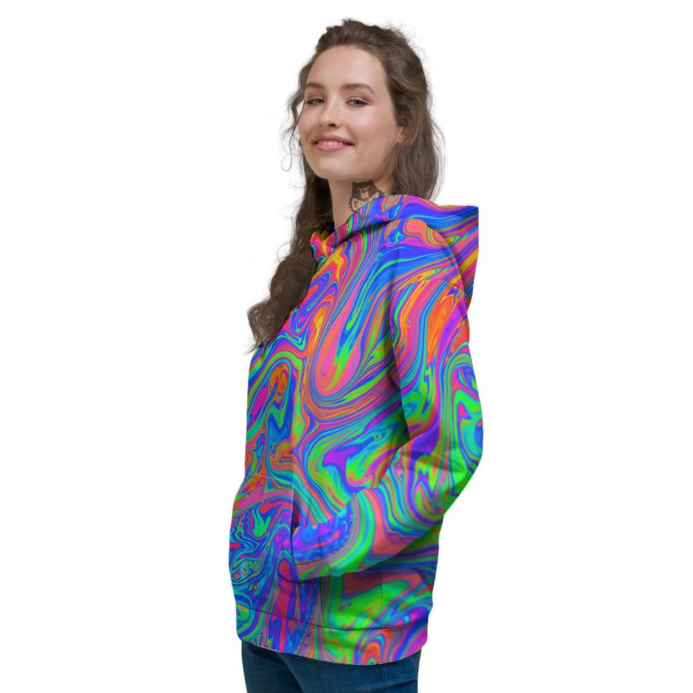 Pink Psychedelic Trippy Neon Green Print Women's Hoodie-grizzshop
