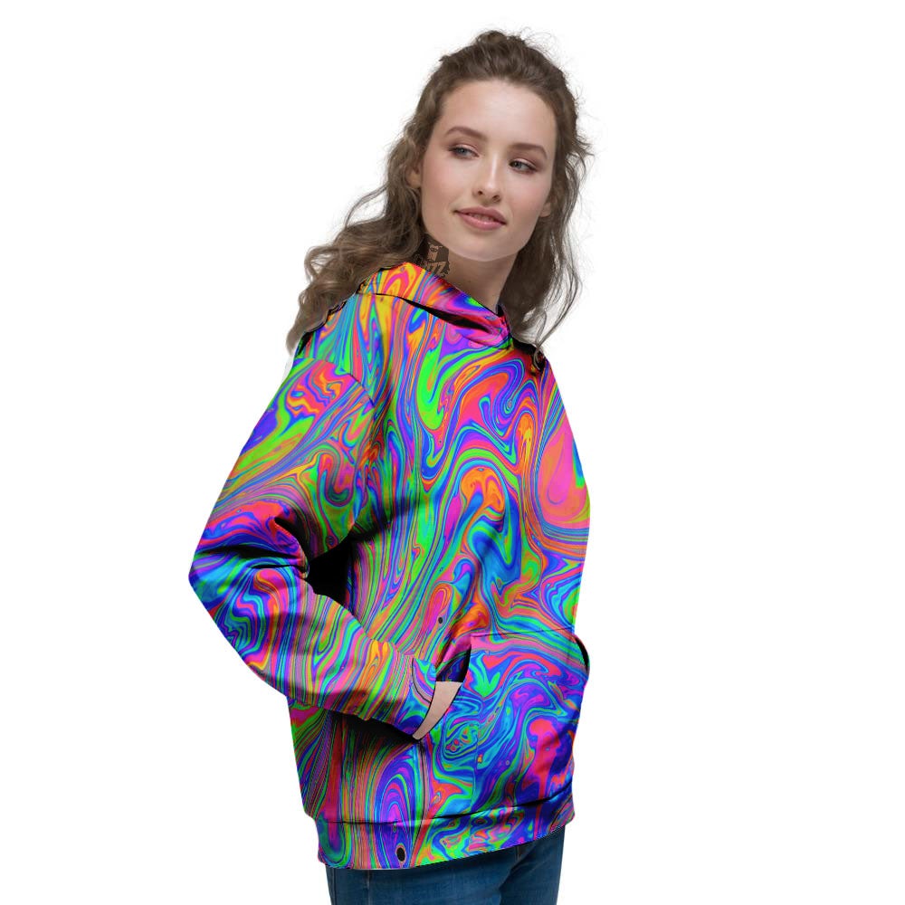 Pink Psychedelic Trippy Neon Green Print Women's Hoodie-grizzshop