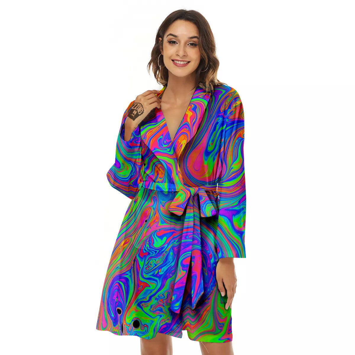 Pink Psychedelic Trippy Neon Green Print Women's Robe-grizzshop