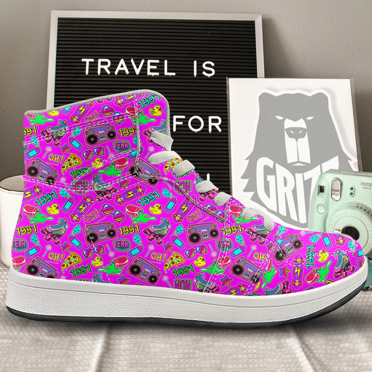 Pink Retro Stickers 90s Print Pattern High Top Sneakers-grizzshop