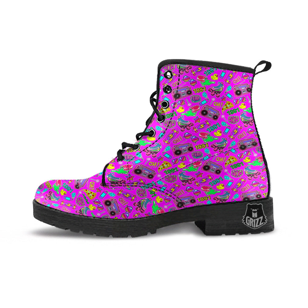 Pink Retro Stickers 90s Print Pattern Leather Boots-grizzshop