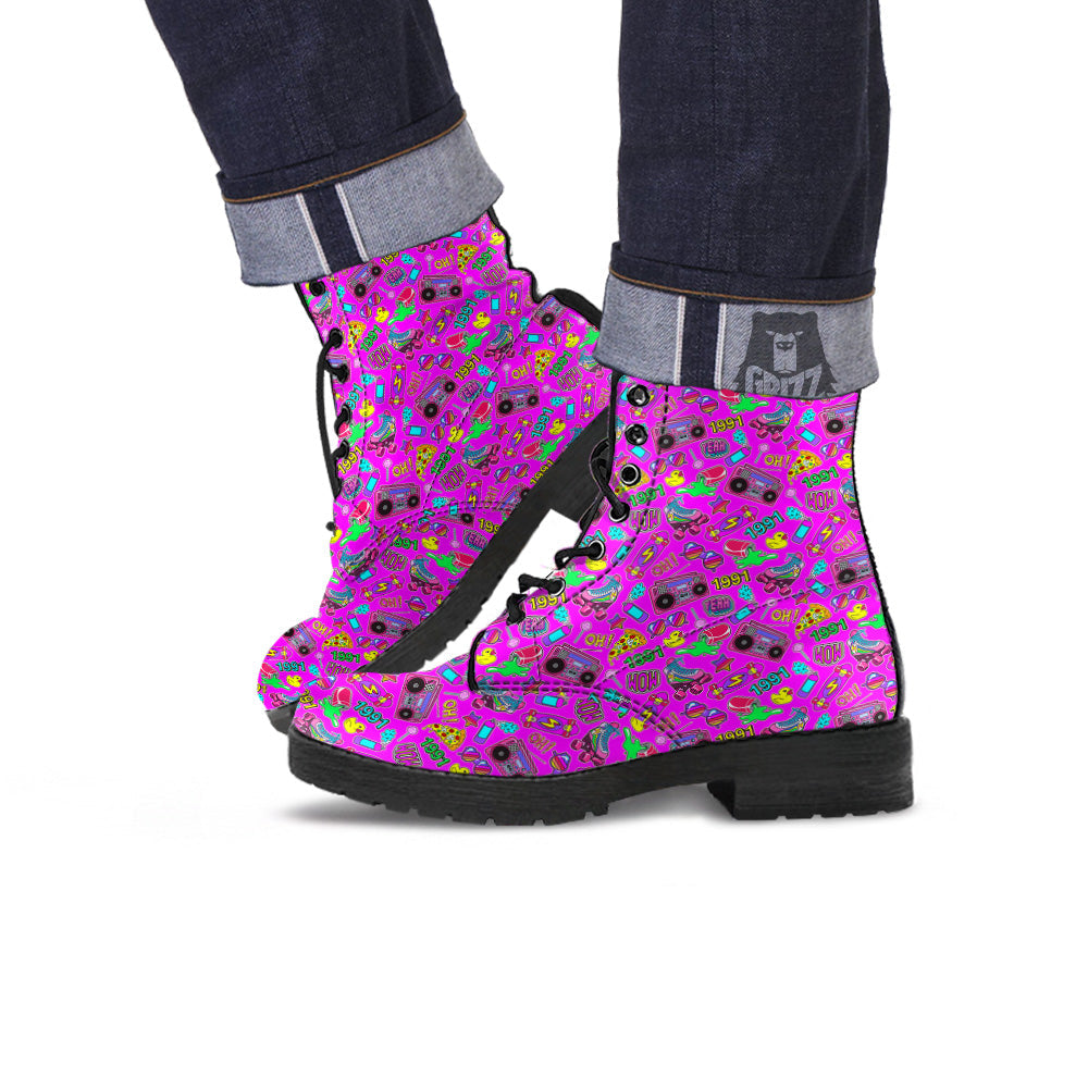 Pink Retro Stickers 90s Print Pattern Leather Boots-grizzshop